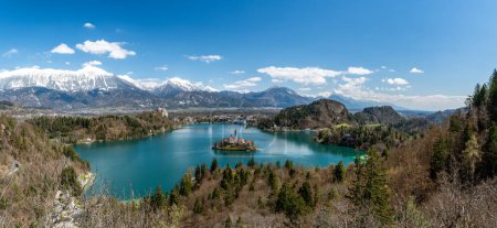 Photo for Bled, Slovenia - April 10, 2023: View on lake Bled located near Bled in Slovenia during sunny day in spring 2023 - Royalty Free Image