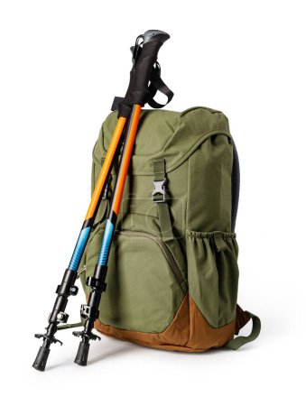 Photo for Backpack and trekking poles on white background - Royalty Free Image