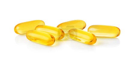 Foto de Cápsula de gelatina de omega 3, 6, 9 vitamina aislada sobre fondo blanco. - Imagen libre de derechos