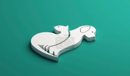 Téléchargez les photos : Logo 3D Chien et chat silhouettes blanches icône isométrique concept vétérinaire image web clip graphique illustration fond vert - en image libre de droit