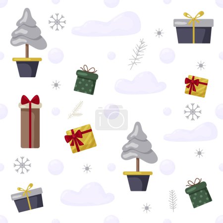 Téléchargez les illustrations : Modèle de couture de Noël avec arbre, Père Noël, décoration, cadeaux. Modèle sans couture de Noël parfait pour le textile, l'enveloppe et le papier peint et le design - en licence libre de droit