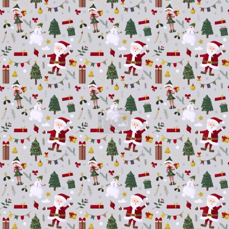 Ilustración de Patrón de costuras de Navidad con árbol, santa, decoración, regalos. Patrón sin costuras de Navidad perfecto para textiles, envolturas y papel pintado y diseño - Imagen libre de derechos
