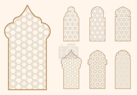 Illustration for Islamic window shape with mashrabiya pattern. Arabic door frame. Islamic arhitecture elements of window and door and mashrabiya pattern - Royalty Free Image