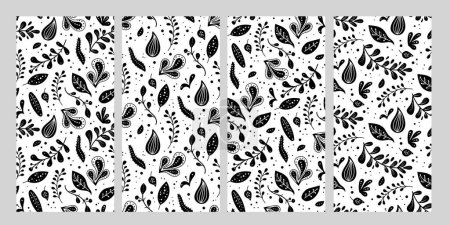 Illustration for Seamless neo folk art vector patterns set with flowers, black and white floral design. Neo folk style endless background perfect for textile design - Royalty Free Image