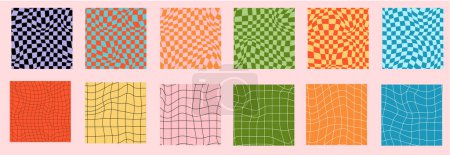 Psychedelic checkerboard background. Wavy vector illustrations, trendy psychedelic style and groovy color checkerboard