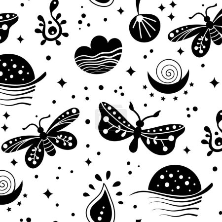 Patrón de vectores de arte popular neo sin costuras con mariposa, polilla y flores, diseño floral blanco y negro. Estilo Neo folk fondo sin fin perfecto para el diseño textil
