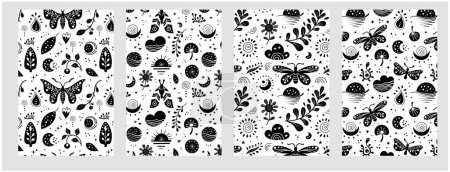 Patrón popular neo sin costuras con mariposa, polilla y flores, diseño floral blanco y negro. Set de fondos interminables estilo Neo folk perfectos para el diseño textil