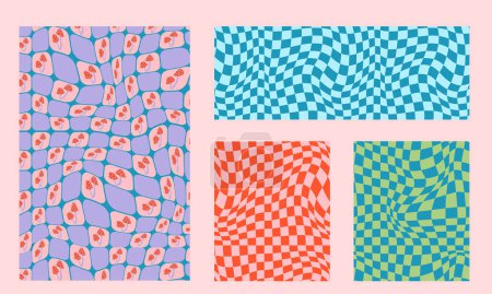 Illustration for Psychedelic checkerboard background. Wavy vector illustrations, trendy psychedelic style and groovy color checkerboard - Royalty Free Image