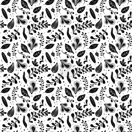 Illustration for Seamless neo folk art vector pattern with flowers, black and white floral design. Neo folk style endless background perfect for textile design - Royalty Free Image