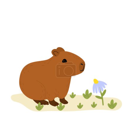 Ilustración de Capybara personaje divertido en diseño plano. Capibara lindo con flores vector ilustración - Imagen libre de derechos