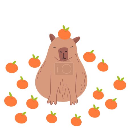 Ilustración de Capybara personaje divertido en diseño plano. Capibara lindo con ilustración vector mandarinas - Imagen libre de derechos