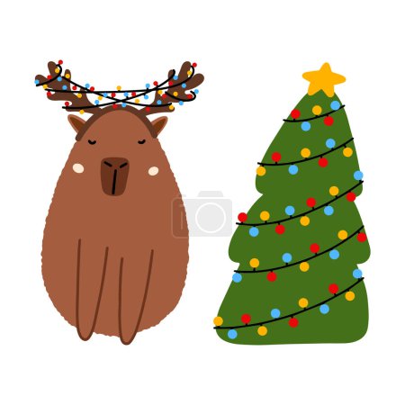 Ilustración de Lindo capibara con árbol de Navidad en estilo plano. Capybara vector ilustración para Feliz Navidad y Año Nuevo tarjeta de felicitación - Imagen libre de derechos