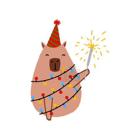 Ilustración de Lindo capibara en estilo plano. Capybara vector ilustración para Feliz Navidad y Año Nuevo tarjeta de felicitación - Imagen libre de derechos