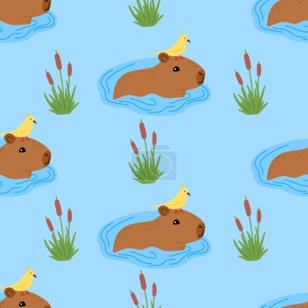 Téléchargez les illustrations : Modèle sans couture Capybara. Illustration vectorielle capibara pour tissu, vêtements pour enfants, papier d'emballage, textiles pour enfants - en licence libre de droit
