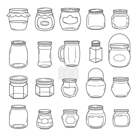 Téléchargez les illustrations : Set of vector outline doodle hand drawn jars and containers for food isolated over white background - en licence libre de droit