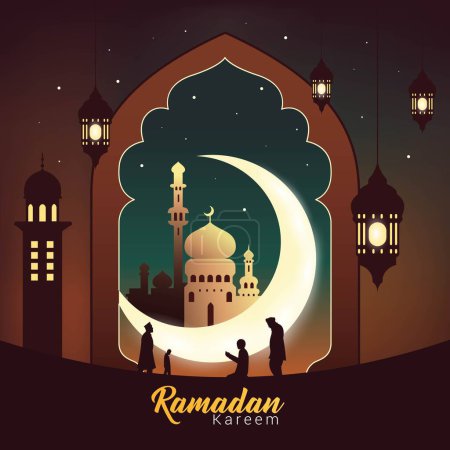 Ramadán kareem banner con creciente, linterna e ilustración vectorial mezquita. Ideal para tarjetas de felicitación, pancartas, carteles y folletos