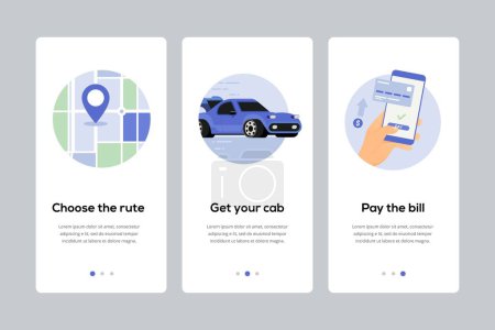 Onboarding screens for online taxi booking app. Online order booking transportation onboarding screens template for mobile apps on smartphone or website