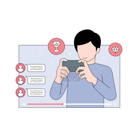 Pro Gamer Man Live-Streaming, während Sie Handyspiel auf dem Smartphone spielen. Handgezeichnete Stil Vektor Design Illustration