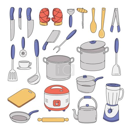 Doodle hand drawn kitchen utencils. Set of kitchenware sketch. Vintage doodles for design restaurant menus and decorating vector illustration