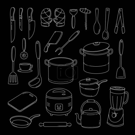 Gekritzelte handgezeichnete Küchenutensilien. Set von Geschirr-Skizze. Vintage Doodles für Design Restaurant Menüs und Dekoration Vektor Illustration