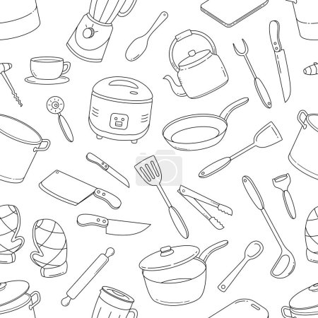 Kitchen tools outline doodle seamless pattern. Cooking utensil in hand drawn sketch style seamless background vector illustration