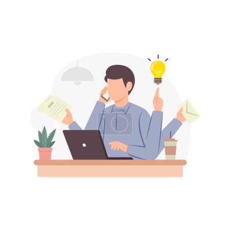 Businessman who works quickly flat vector illustration. Businessman do work at once