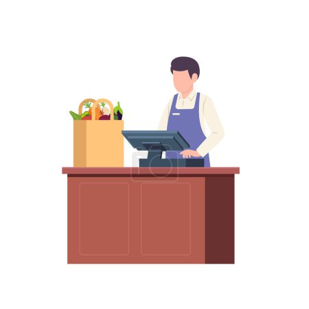Grocery store cashier packing food into a reusable bag flat vector illustration