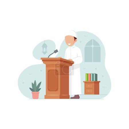 Imam Muslim giving a lecture on the mosque pulpit flat vector illustration