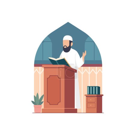 Imam Muslim giving a lecture on the mosque pulpit flat vector illustration