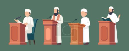 Imam Muslim giving a lecture on the mosque pulpit flat vector illustration set