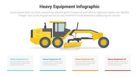Illustration for Heavy equipment machine infographics template diagram with wheel tractor scrapers, with 4 point step creative design for slide presentation vector - Royalty Free Image