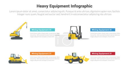 Illustration for Heavy equipment machine infographics template diagram with various set collection with 4 point step creative design for slide presentation vector - Royalty Free Image