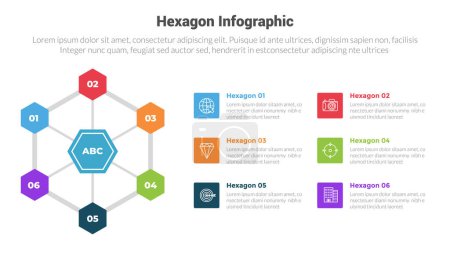 Illustration for Hexagon or hexagonal honeycombs shape infographics template diagram with cycle circular line connection with 6 point step creative design for slide presentation vector - Royalty Free Image