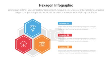Ilustración de Hexágono o panales hexagonales forma infografías diagrama de plantilla con estructura de pirámide triangular con diseño creativo paso de 3 puntos para el vector de presentación de diapositivas - Imagen libre de derechos