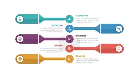 Illustration for Aarrr metrics framework infographics template diagram with creative rectangle shape stack with 5 point step design for slide presentation vector - Royalty Free Image