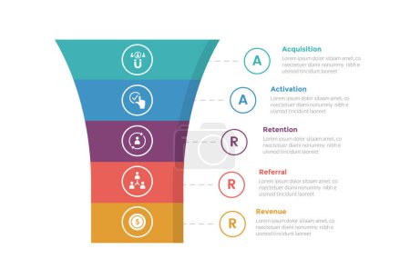 Illustration for Aarrr metrics framework infographics template diagram with smooth funnel shape with outline circle with 5 point step design for slide presentation vector - Royalty Free Image