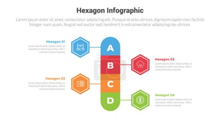 Ilustración de Hexágono o panales hexagonales forma infografías diagrama de plantilla con forma redonda vertical y conexión de línea con 4 puntos paso diseño creativo para la presentación de diapositivas vector - Imagen libre de derechos