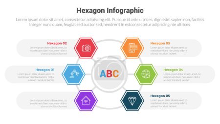 Ilustración de Hexágono o panales hexagonales forma infografías diagrama de plantilla con ciclo circular en red en línea con 6 puntos paso diseño creativo para la presentación de diapositivas vector - Imagen libre de derechos