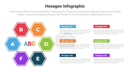 Ilustración de Hexágono o panales hexagonales forma infografías diagrama de plantilla con ciclo circular en la columna izquierda con 6 punto paso diseño creativo para la presentación de diapositivas vector - Imagen libre de derechos