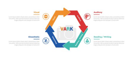 VARK learning styles infographics template diagram with hexagonal arrow cycle with 4 point step design for slide presentation vector