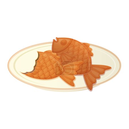 Illustration for Beaten Japanese Taiyaki on a plate. Asian food illustration isolated on white background in cartoon style. - Royalty Free Image