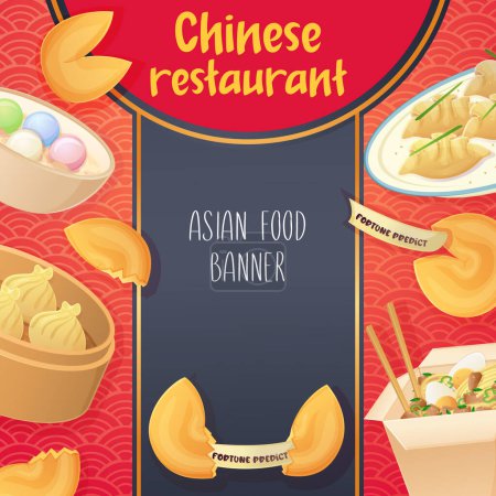 Illustration for Chinese restaurant flyer template. Asian food square poster, dumplings, noodles wok, dim sum. - Royalty Free Image