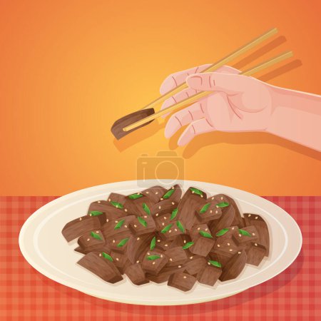 Illustration for Hand with chopsticks taking out korean bulgogi dish. Asian food illustration poster in cartoon style - Royalty Free Image