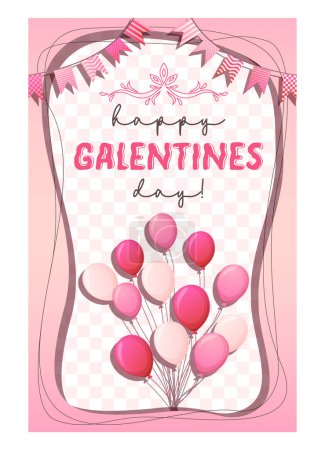 Illustration for Pink Galentines day greeting card. Balloons and flags on checkered texture. Stock vector illustration in cartoon style. - Royalty Free Image