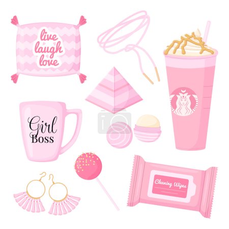 Illustration for That girl pink beauty and lifestyle stuff. Mug, accesories, lip balm, wet wipes. y2k aesthetic things. Stock vector illustration im flat cartoon style isolated on white background in flat cartoon - Royalty Free Image
