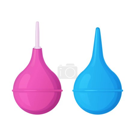 Illustration for Blue and pink rubber enema or clyster. Medical cleaning body detox tool. Illustration in cartoon style isolated on white background. - Royalty Free Image