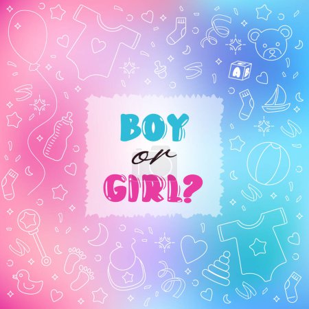 Gender Reveal Party Boy or Girl Rosa und blauer quadratischer Hintergrund Banner für Baby-Dusche. Bestandsvektorillustration im Doodle-Stil weiß auf unscharfem Hintergrund.