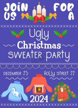 Illustration for Ugly sweater party invitation. Christmas winter sweaters with different ridiculos design, DIY vibe. Stock vector illustration isolated on white background in flat hand drawn style. - Royalty Free Image