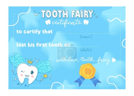Cute Tooth fairy certificate. Sparkling tooth with wings, crown and magic wand on blue background with stars, and wax stamp. Can be used for kids first tooth lost. Can be sized as a4 letter.