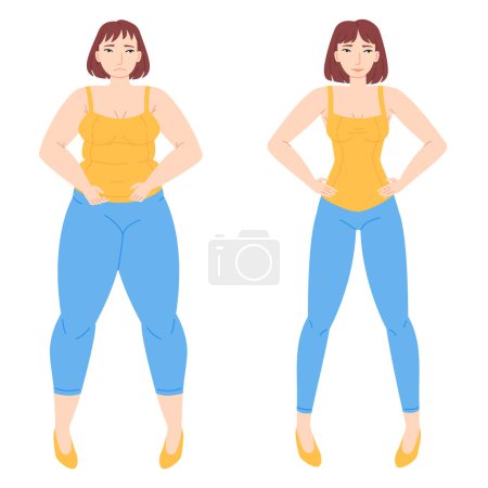 Illustration for Girl with low and high BMI index. Fatness concept. Stock vector illustration isolated on white background in cartoon style. - Royalty Free Image
